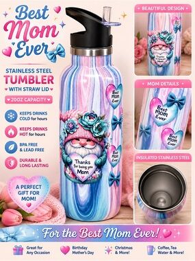 Hand Crafted Blue Pink Floral Gnome Stainless Water Bottle